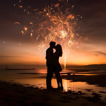 Silhouette of a couple kissing on the beach at sunset with fireworks shooting in the sky. New Year's fun and festivities. A time of celebration and resolutions.