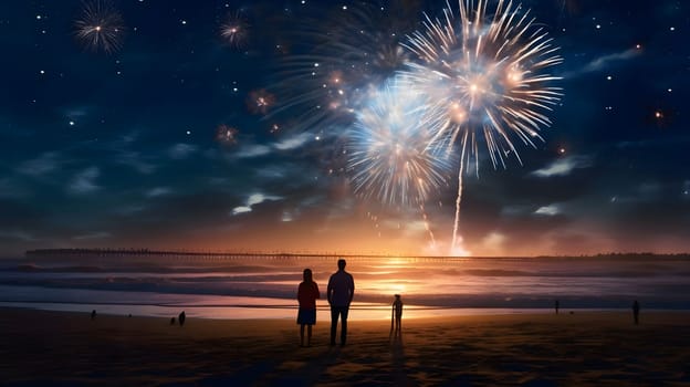 Couple watching fireworks show on the beach. New Year's fun and festivities. A time of celebration and resolutions.