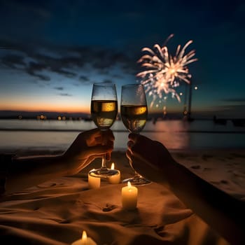 The clinking of two champagne glasses on the beach, candles all around and fireworks in the sky. New Year's fun and festivities. A time of celebration and resolutions.