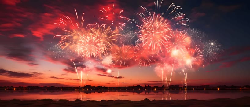 Illustration: colorful fireworks, explosions in the sky at sunset over the lake, sea, pond. New Year's fun and festivities. A time of celebration and resolutions.