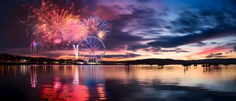 Colorful fireworks, an explosion over the London Eye and Bridge at sunset over the river. New Year's party and celebrations. A time of celebration and resolutions.