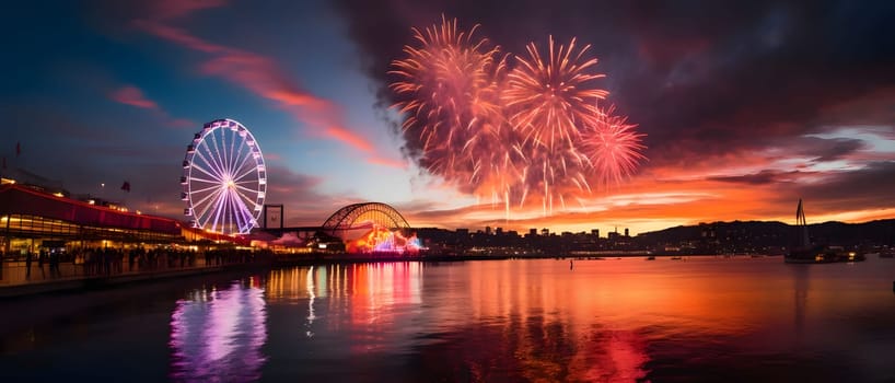 Colorful fireworks, an explosion over the London Eye and Bridge at sunset over the river. New Year's party and celebrations. A time of celebration and resolutions.