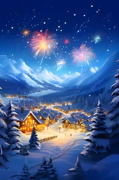 Winter night scenery, a village with wooden houses and a fireworks show in the sky. New Year's party and celebrations. A time of celebration and resolutions.