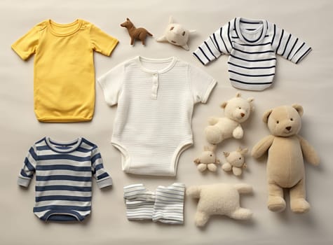 Collection of baby clothes and stuffed animals on a white background