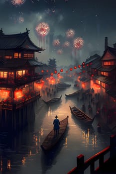 Illustration Chinese province of boats, lake, lanterns and fireworks in the sky. New Year's fun and festivities. A time of celebration and resolutions.
