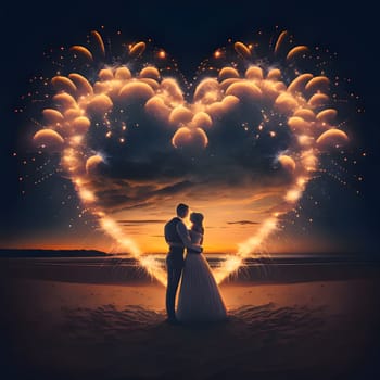 Couple in love on the beach at sunset big heart with fireworks. New Year's fun and festivities. A time of celebration and resolutions.