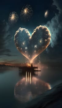 Big glowing heart on wooden platform on the lake at night. New Year's fun and festivities. A time of celebration and resolutions.