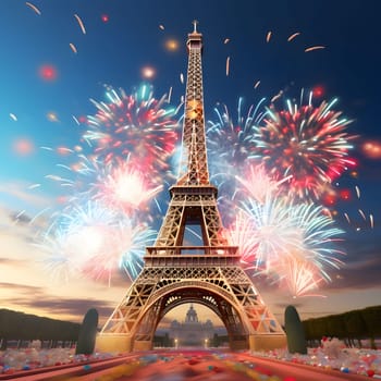 Illustration, explosions, fireworks over eiffel tower. New Year's fun and festivities. A time of celebration and resolutions.