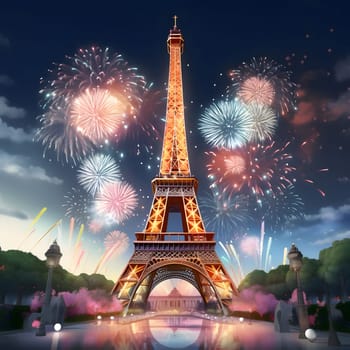 Illustration, explosions, fireworks over eiffel tower. New Year's fun and festivities. A time of celebration and resolutions.