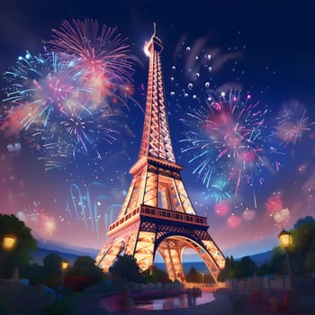 Illustration, explosions, fireworks over eiffel tower. New Year's fun and festivities. A time of celebration and resolutions.