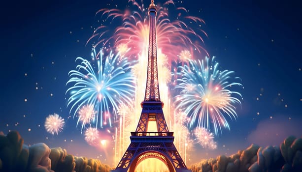 Illustration, explosions, fireworks over eiffel tower. New Year's fun and festivities. A time of celebration and resolutions.