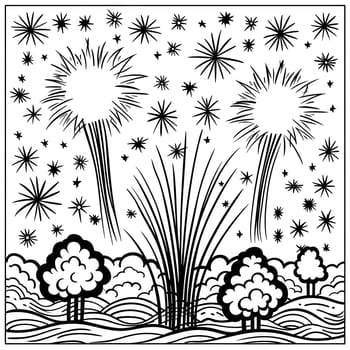Fireworks show. Black and white coloring sheet. New Year's fun and festivities. A time of celebration and resolutions.