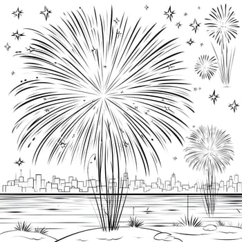 Fireworks show. Black and white coloring sheet. New Year's fun and festivities. A time of celebration and resolutions.
