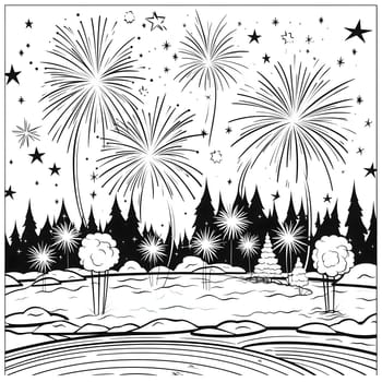 Fireworks show. Black and white coloring sheet. New Year's fun and festivities. A time of celebration and resolutions.