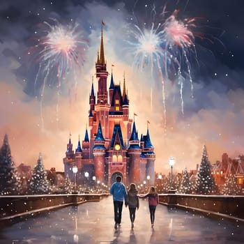 A family going over a long bridge to a big castle, a fireworks show in the sky. New Year's fun and festivities. A time of celebration and resolutions.