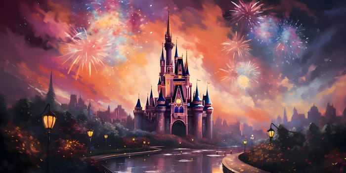 Fairy tale castle and fireworks show in the sky. New Year's fun and festivities. A time of celebration and resolutions.