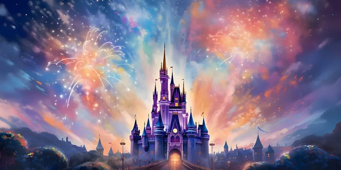 Fairy tale castle and fireworks show in the sky. New Year's fun and festivities. A time of celebration and resolutions.