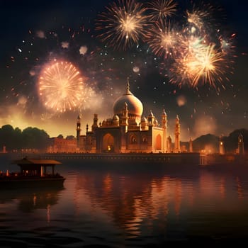 Fireworks show at night over the river and the mosque. New Year's fun and festivities. A time of celebration and resolutions.
