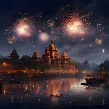 Fireworks show over ancient Indian temples at night. New Year's fun and festivities. A time of celebration and resolutions.