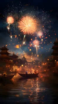 Illustration, fireworks explosions in the scenery of Chinese temples, water boats. New Year's fun and festivities. A time of celebration and resolutions.