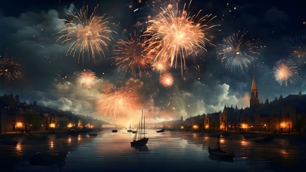 Explosions of colorful fireworks in a nighttime setting against a backdrop of a river and floating little boats. New Year's fun and festivities. A time of celebration and resolutions.