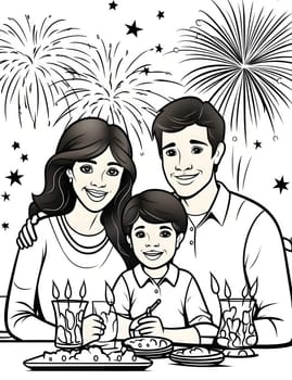 Happy family at the table in the background fireworks, black and white coloring sheet. New Year's fun and festivities. A time of celebration and resolutions.