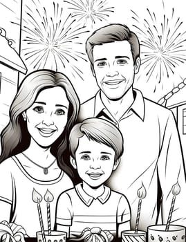 Happy family at the table in the background fireworks, black and white coloring sheet. New Year's fun and festivities. A time of celebration and resolutions.