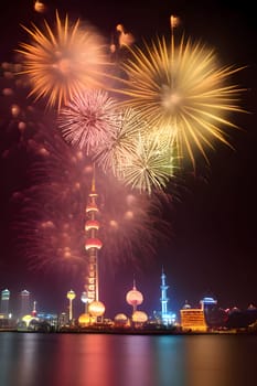 Fireworks show in the night sky over the high towers and river. New Year's fun and festivities. A time of celebration and resolutions.