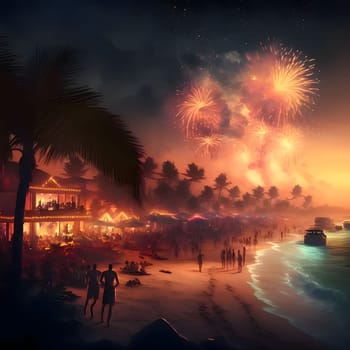Illustration of locals watching a fireworks show on the beach. New Year's fun and festivities. A time of celebration and resolutions.