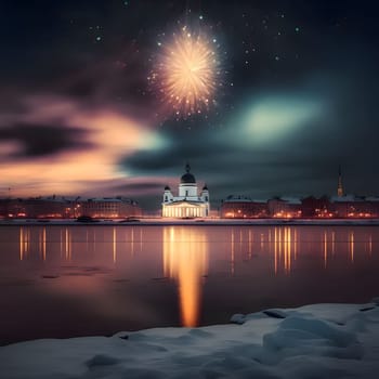 Winter scenery, an explosion of fireworks over a frozen river and a white church. New Year's fun and festivities. A time of celebration and resolutions.