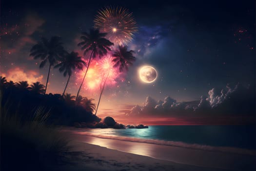 Sunset on the beach palm trees water, sand, moon and fireworks. New Year's fun and festivities. A time of celebration and resolutions.