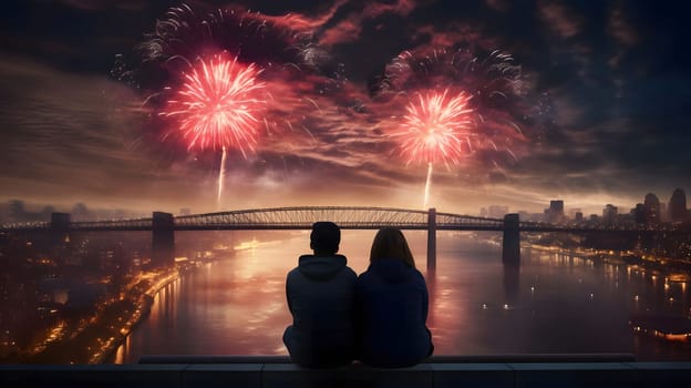 A couple in love watching a fireworks display from a bridge against the backdrop of the city skyline and lake. New Year's fun and festivities. A time of celebration and resolutions.