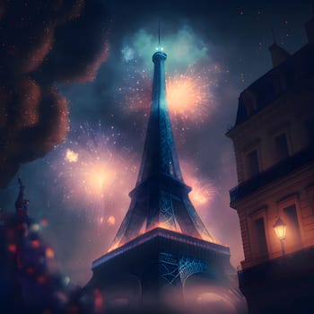 The eiffel tower against the backdrop of fireworks at night. New Year's fun and festivities. A time of celebration and resolutions.