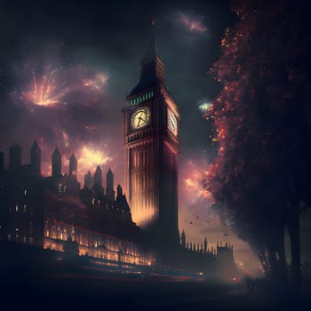 Big Ben against the backdrop of fireworks at night. New Year's fun and festivities. A time of celebration and resolutions.