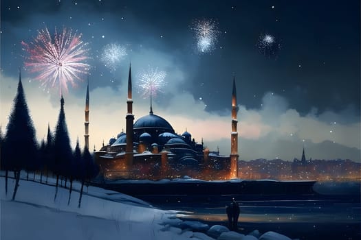 Winter scenery fireworks shots and Hagia Sophia in the background. New Year's fun and festivities. A time of celebration and resolutions.