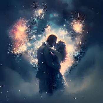 Kissing couple on the background of fireworks, illustration, paint. New Year's fun and festivities. A time of celebration and resolutions.