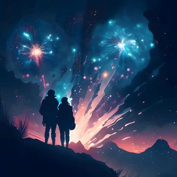 Silhouette of a couple watching a fireworks show in the mountains. New Year's fun and festivities. A time of celebration and resolutions.