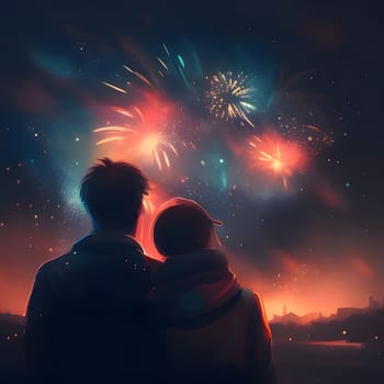 A couple in love watching a fireworks show. New Year's fun and festivities. A time of celebration and resolutions.