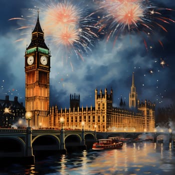 Big Ben, Buckingham Palace and fireworks at night. New Year's fun and festivities. A time of celebration and resolutions.