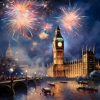 Big Ben, Buckingham Palace and fireworks at night. New Year's fun and festivities. A time of celebration and resolutions.