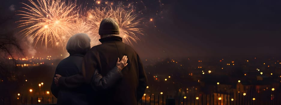 Senior couple watching fireworks show over city skyline. New Year's Eve background, banner with space for your own content. Blank field for the inscription.