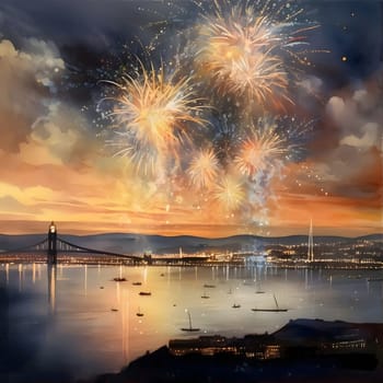 Illustration, fireworks show in the night sky bridge and floating boats. New Year's fun and festivities. A time of celebration and resolutions.