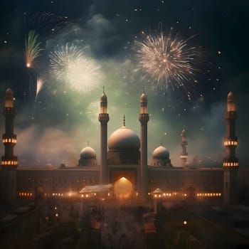 A large mosque, people gathered and a fireworks display. New Year's fun and festivities. A time of celebration and resolutions.