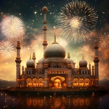 Mosque and fireworks show in the sky. New Year's fun and festivities. A time of celebration and resolutions.