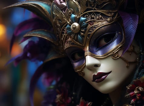 Close up of a colorful and ornate Venetian carnival mask with a blurred background