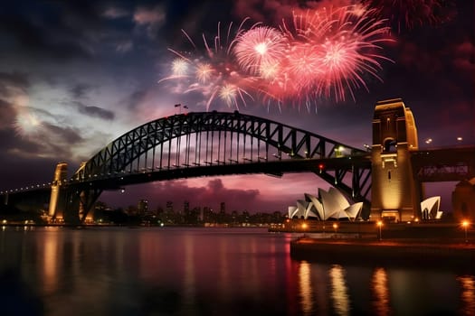 London Bridge and fireworks shots in the evening scenery. New Year's fun and festivities. A time of celebration and resolutions.