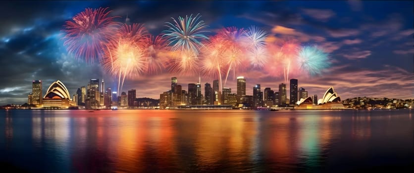 High city skyscrapers, river all around, colorful fireworks show. New Year's Eve background, banner with space for your own content.