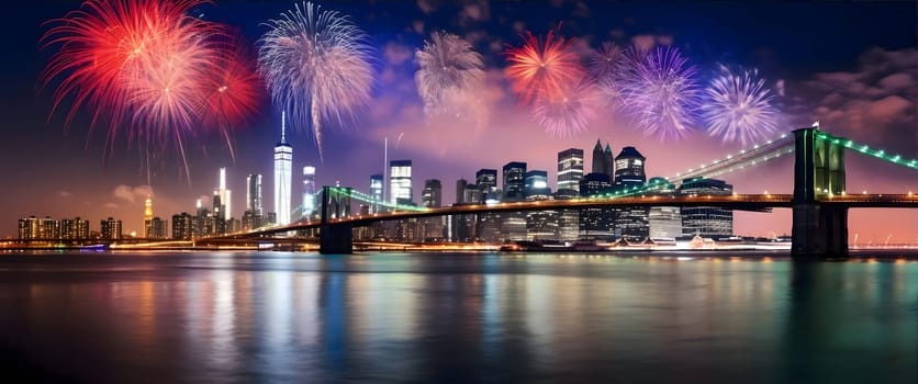 High city skyscrapers, river all around, colorful fireworks show. New Year's Eve background, banner with space for your own content.