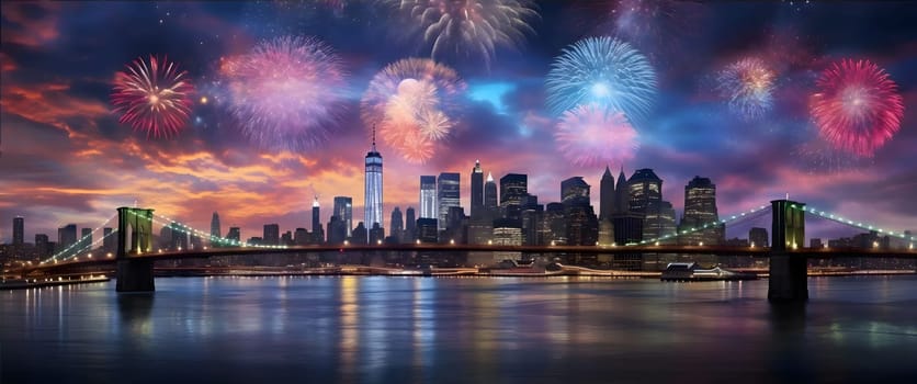 High city skyscrapers, river all around, colorful fireworks show. New Year's Eve background, banner with space for your own content.