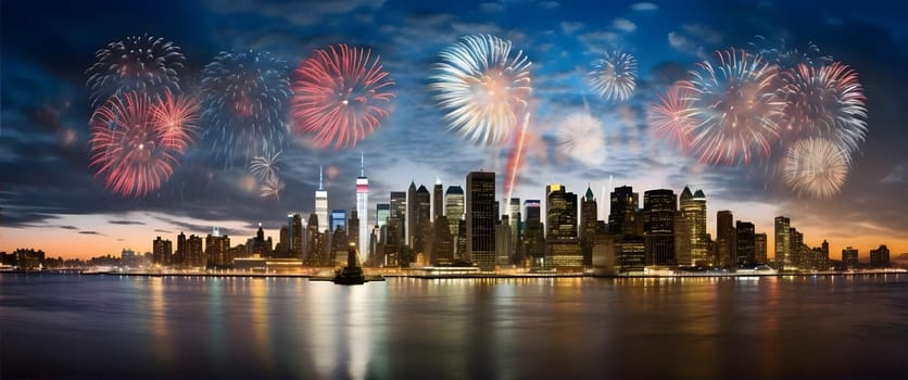 High city skyscrapers, river all around, colorful fireworks show. New Year's Eve background, banner with space for your own content.